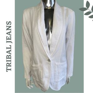 Tribal Jeans White Single Breasted Blazer Jacket Cotton Gauze Patch Pockets